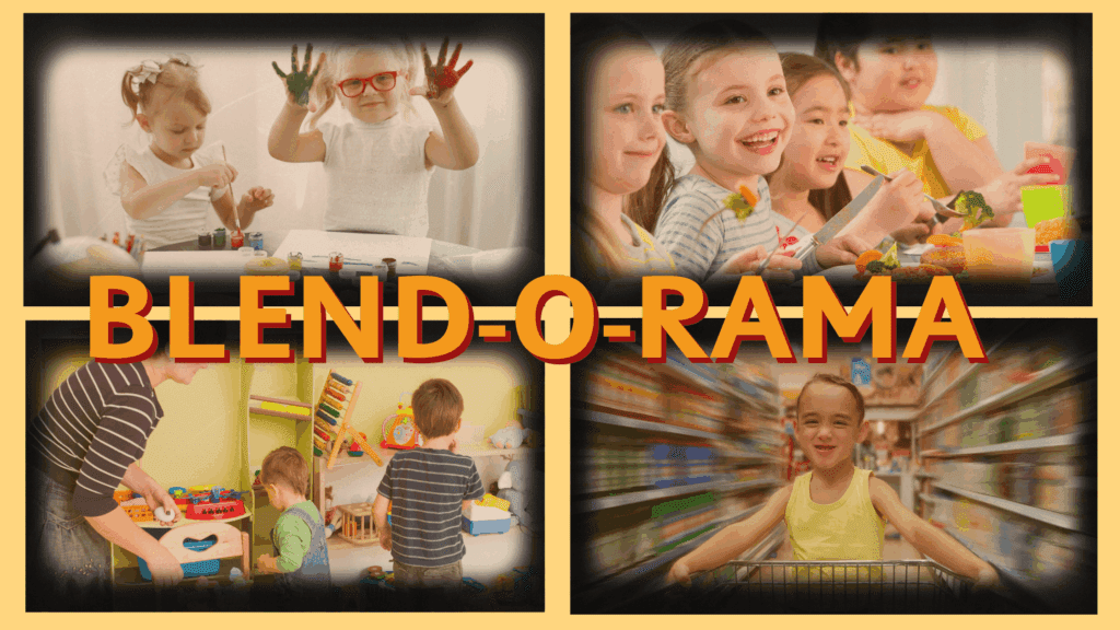 This image show 4 different opportunities to be blending words outside of a classroom. One is of young children hand painting, another is a group of children eating with cutlery, another image is of tidyup time and the final image is a child in a supermarket. The environment is bright and playful, showing where learning can take place with creative phonics activities.