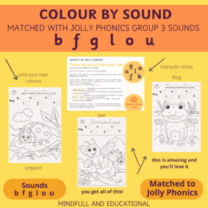 Phonics colouring activities for Jolly Phonics Group 3 – printable Colour by Sound worksheets for letter sounds b, f, g, l, o, u, ideal for nursery and reception phonics practice.
