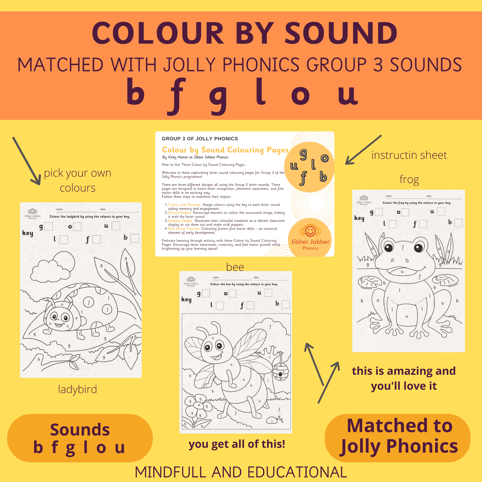 Phonics colouring activities for Jolly Phonics Group 3 – printable Colour by Sound worksheets for letter sounds b, f, g, l, o, u, ideal for nursery and reception phonics practice.